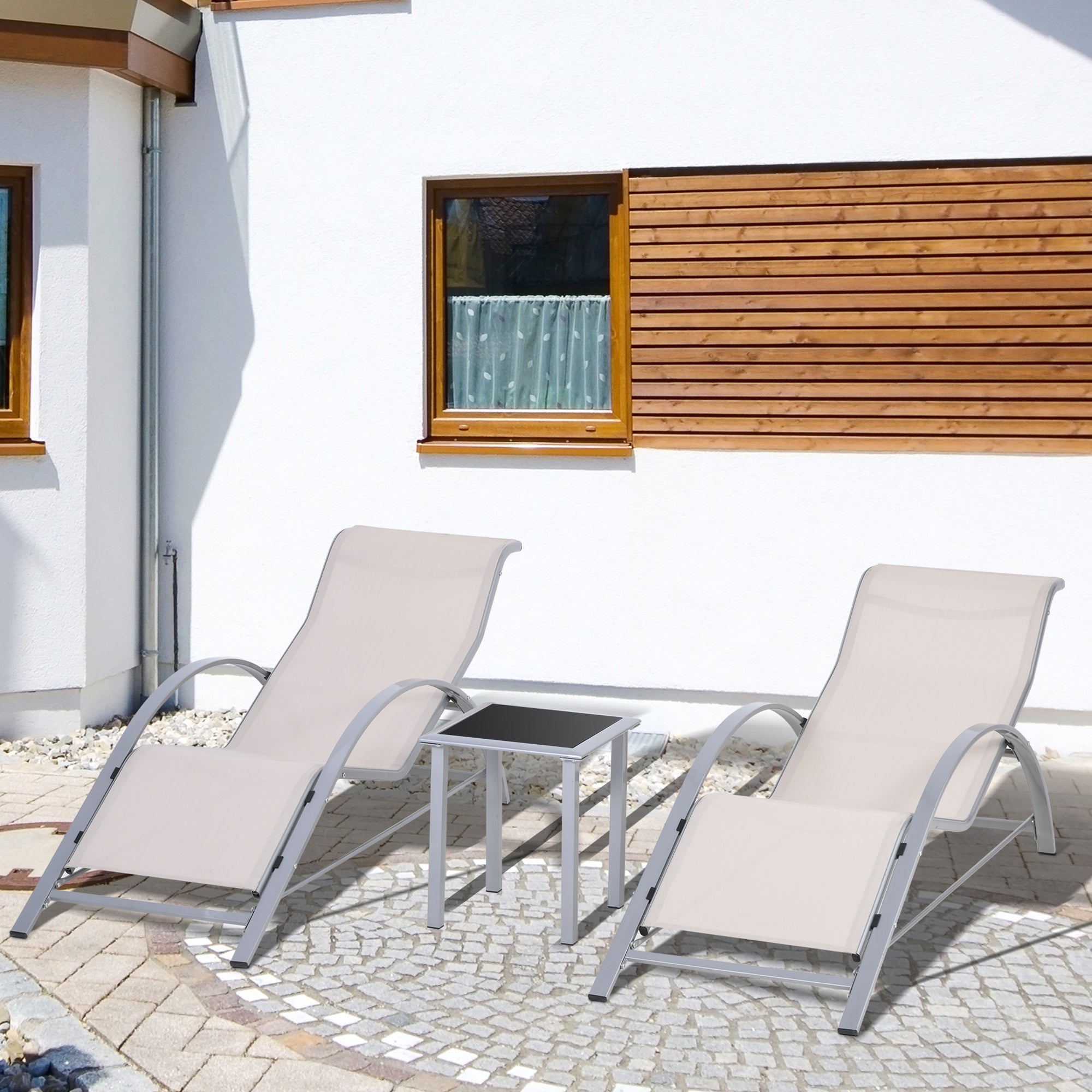 Outsunny 3 Pieces Lounge Chair Set Metal Frame Garden Outdoor Recliner Sunbathing Chair with Table, Cream 