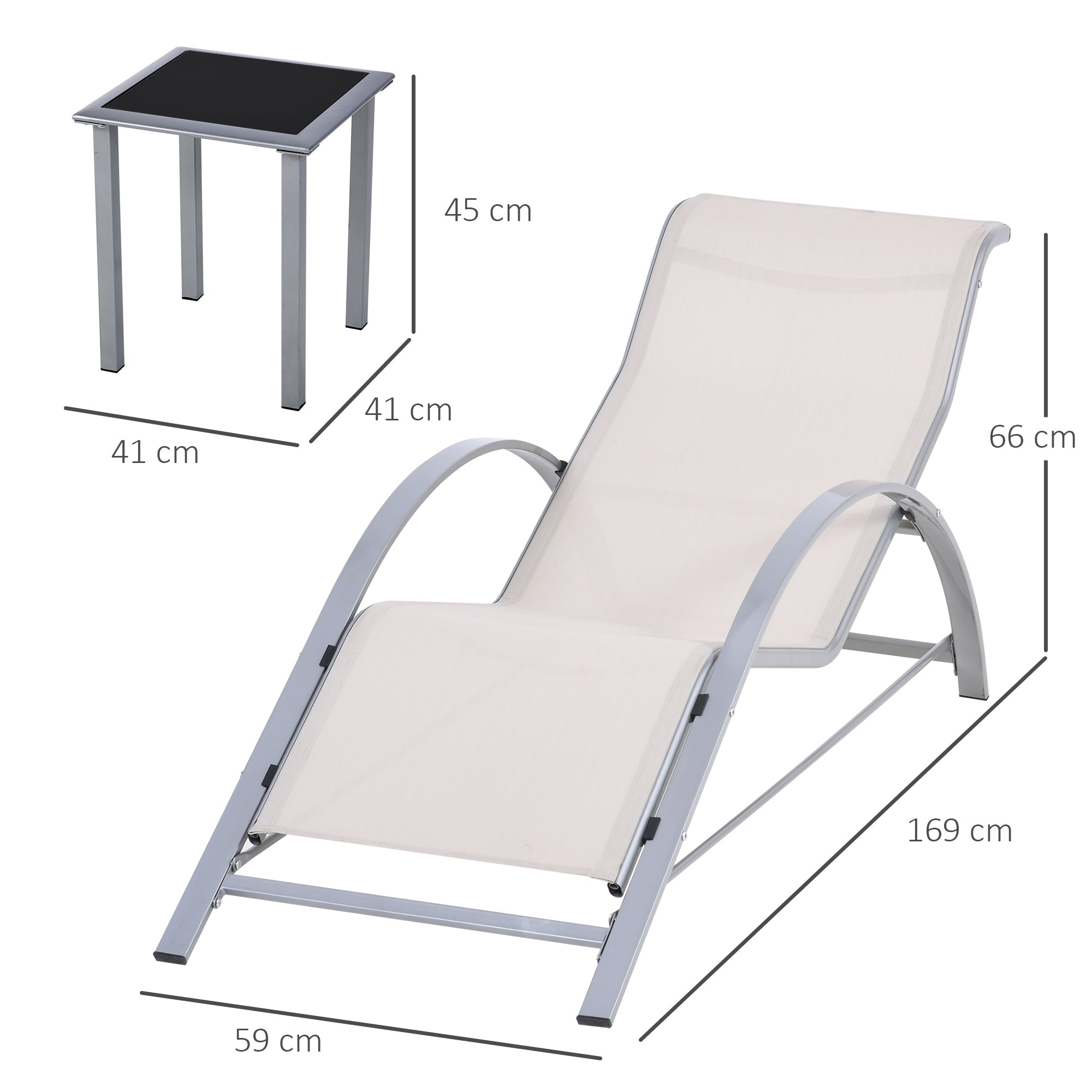 Outsunny 3 Pieces Lounge Chair Set Metal Frame Garden Outdoor Recliner Sunbathing Chair with Table, Cream 
