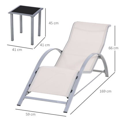 Outsunny 3 Pieces Lounge Chair Set Metal Frame Garden Outdoor Recliner Sunbathing Chair with Table, Cream 