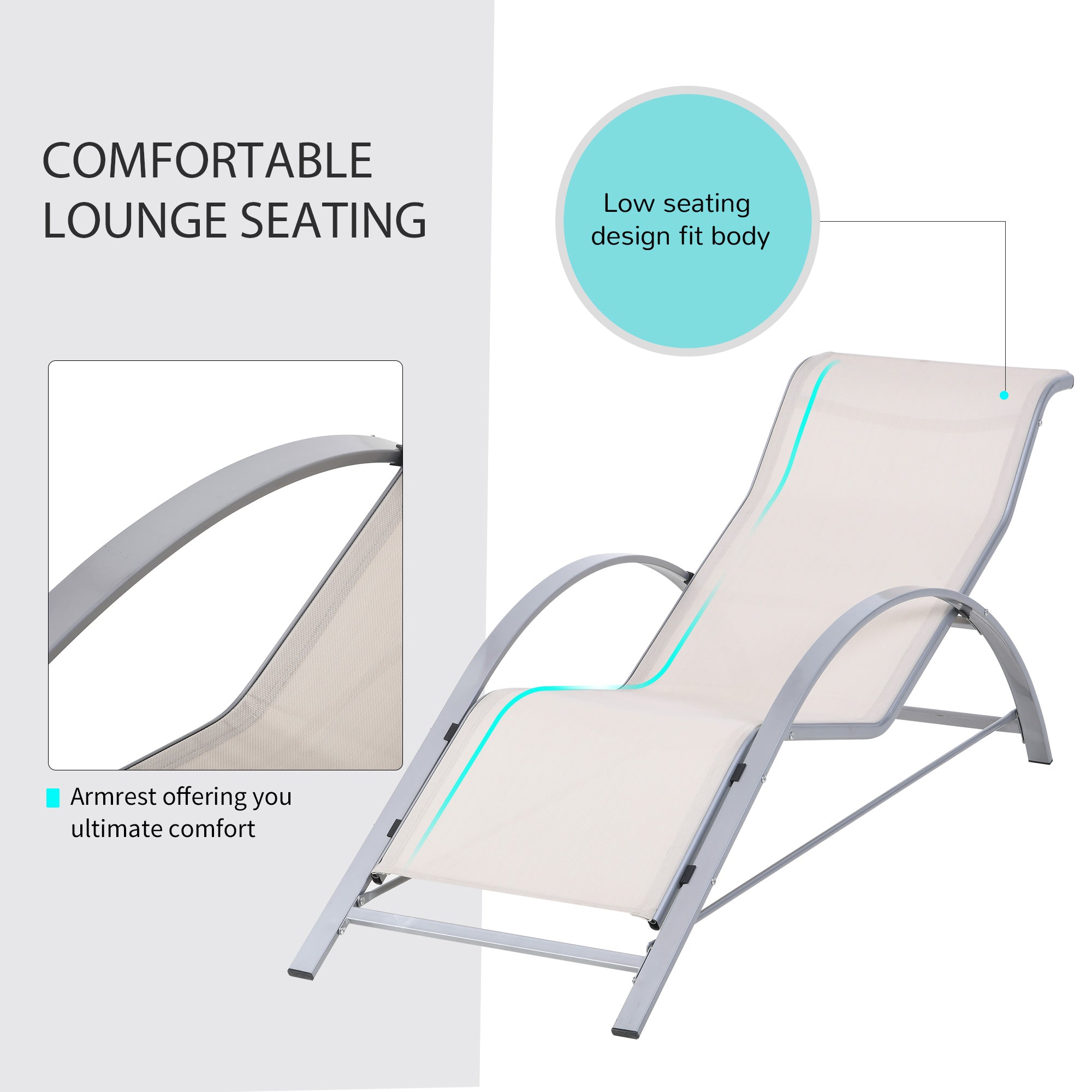 Outsunny 3 Pieces Lounge Chair Set Metal Frame Garden Outdoor Recliner Sunbathing Chair with Table, Cream 