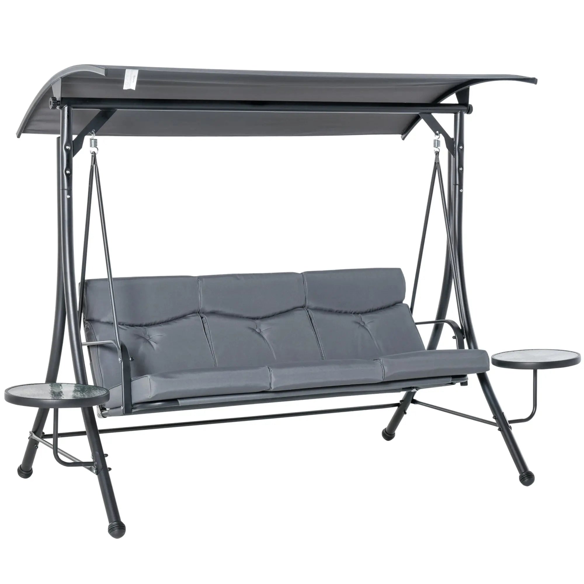 Outsunny 3 Seater Garden Swing Chair with Adjustable Canopy, Cushion and Coffee Tables for Outdoor Patio Garden Grey 