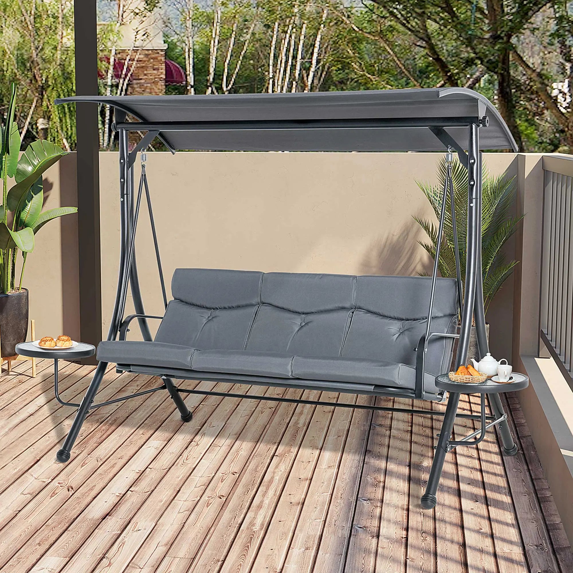 Outsunny 3 Seater Garden Swing Chair with Adjustable Canopy, Cushion and Coffee Tables for Outdoor Patio Garden Grey 