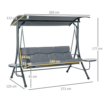 Outsunny 3 Seater Garden Swing Chair with Adjustable Canopy, Cushion and Coffee Tables for Outdoor Patio Garden Grey 