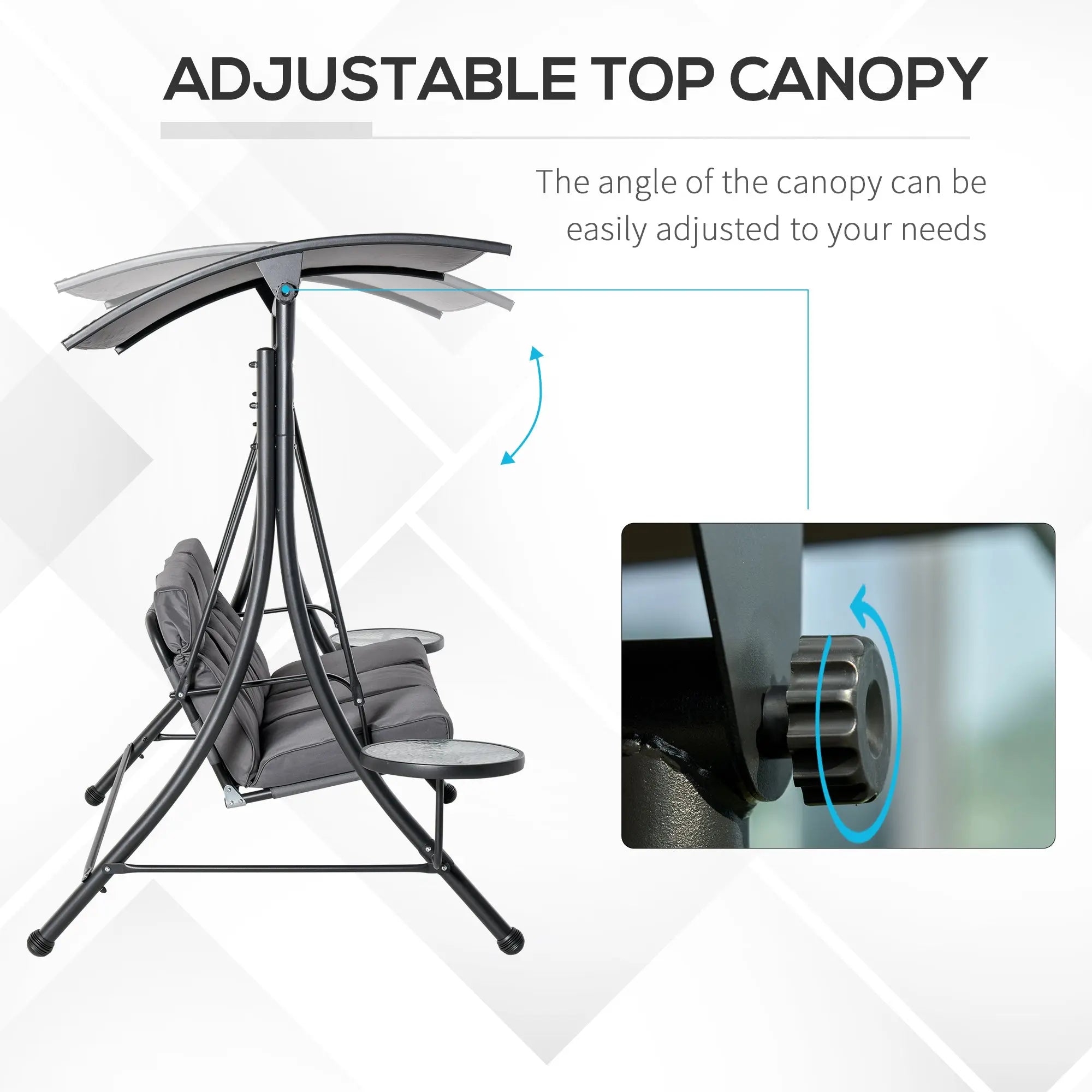 Outsunny 3 Seater Garden Swing Chair with Adjustable Canopy, Cushion and Coffee Tables for Outdoor Patio Garden Grey 
