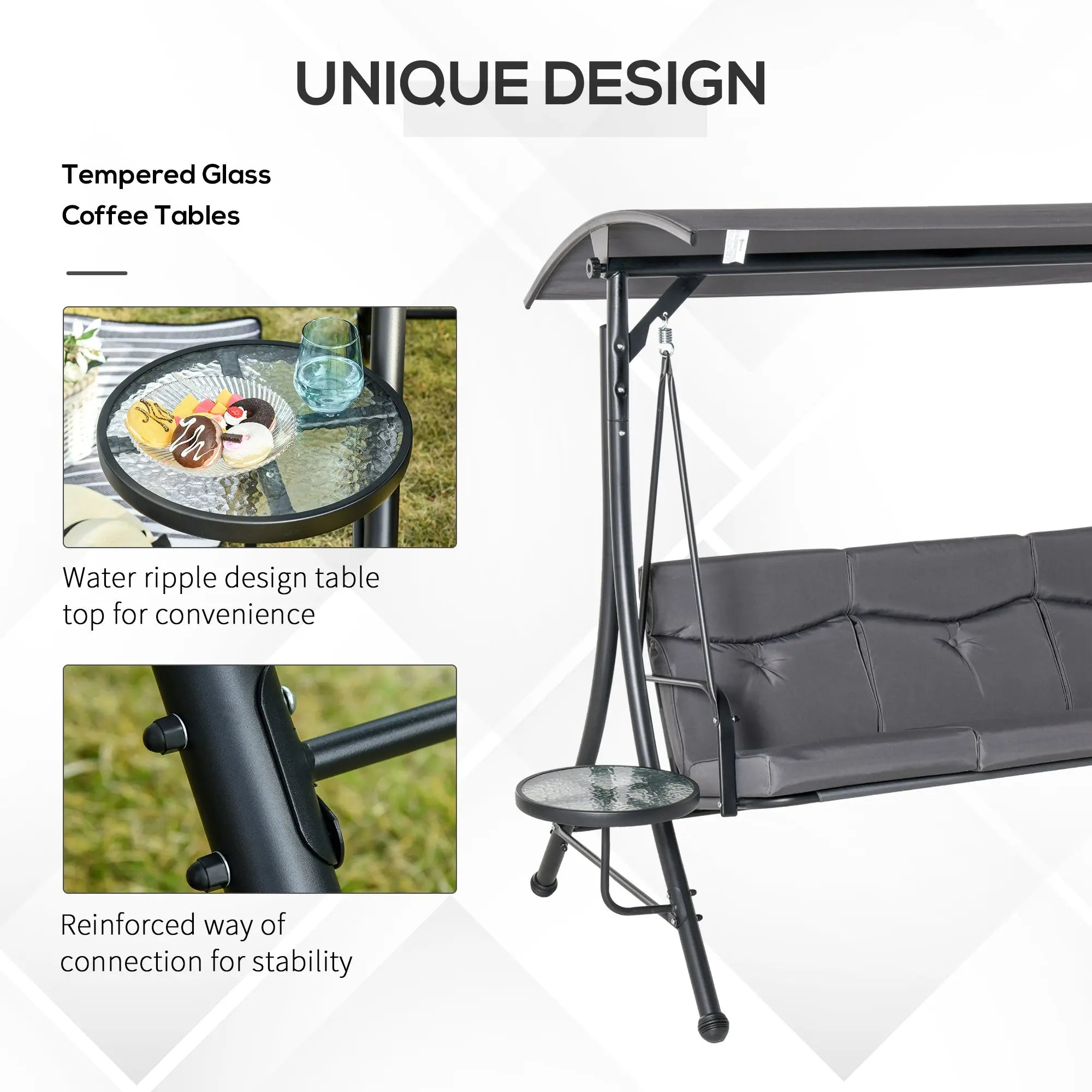 Outsunny 3 Seater Garden Swing Chair with Adjustable Canopy, Cushion and Coffee Tables for Outdoor Patio Garden Grey 