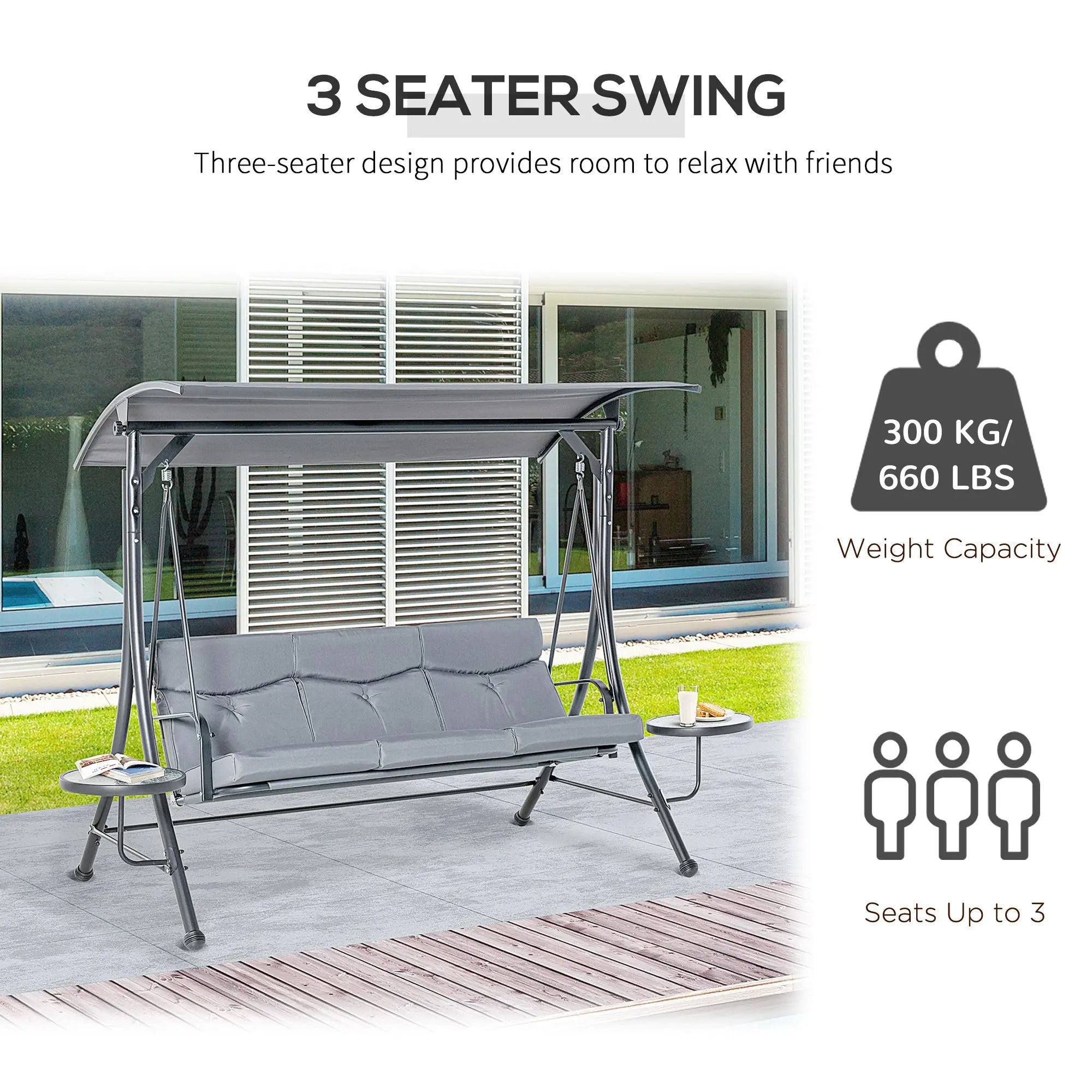Outsunny 3 Seater Garden Swing Chair with Adjustable Canopy, Cushion and Coffee Tables for Outdoor Patio Garden Grey 