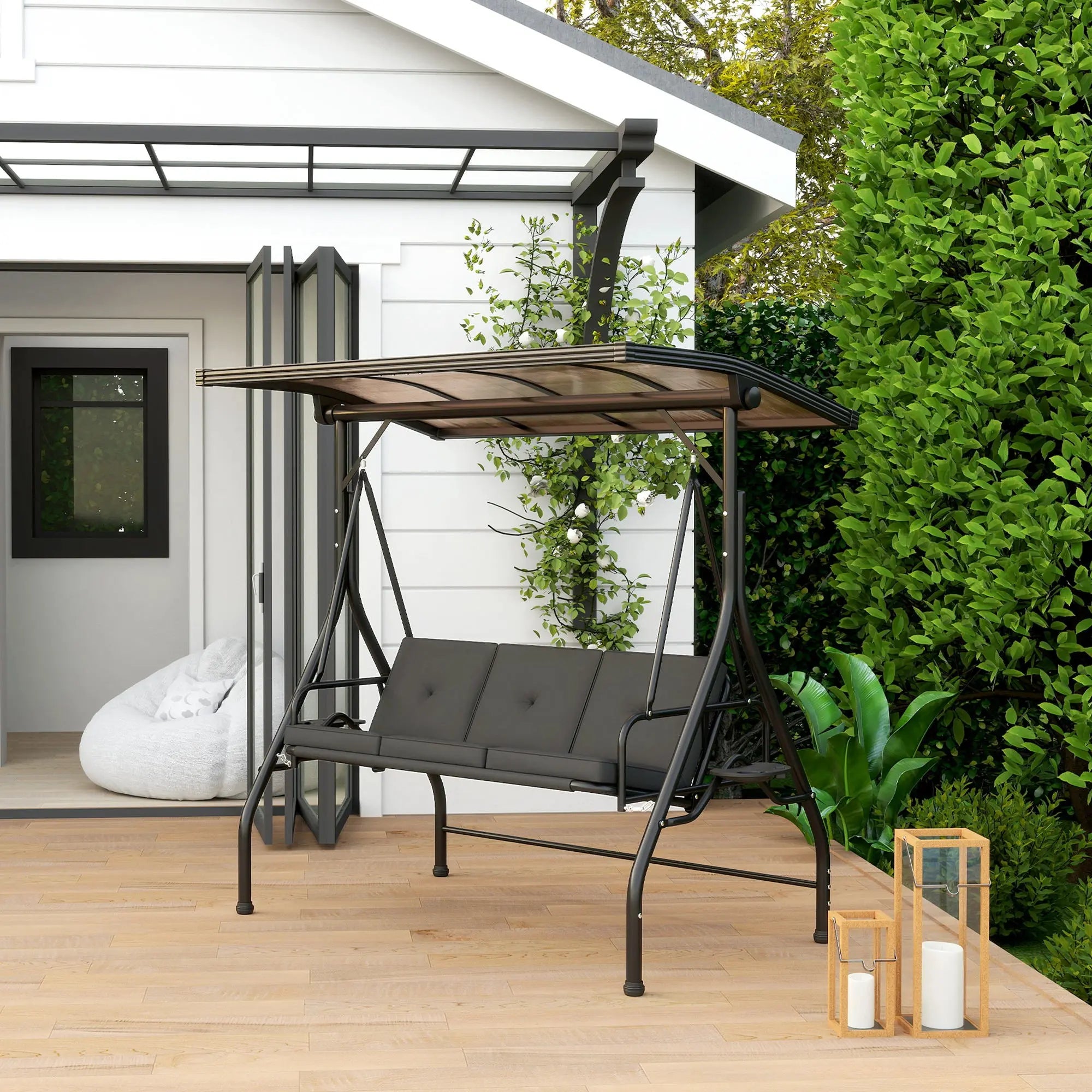 Outsunny 3 Seater Garden Swing Seat Bed with UPF30+ Adjustable Canopy, Convertible Swing Chair with Cushion, Outdoor Hammock Bench with Cup Trays for Balcony Patio, Black 