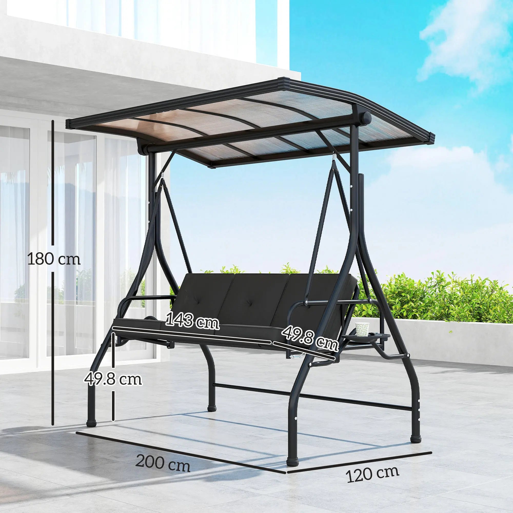 Outsunny 3 Seater Garden Swing Seat Bed with UPF30+ Adjustable Canopy, Convertible Swing Chair with Cushion, Outdoor Hammock Bench with Cup Trays for Balcony Patio, Black 