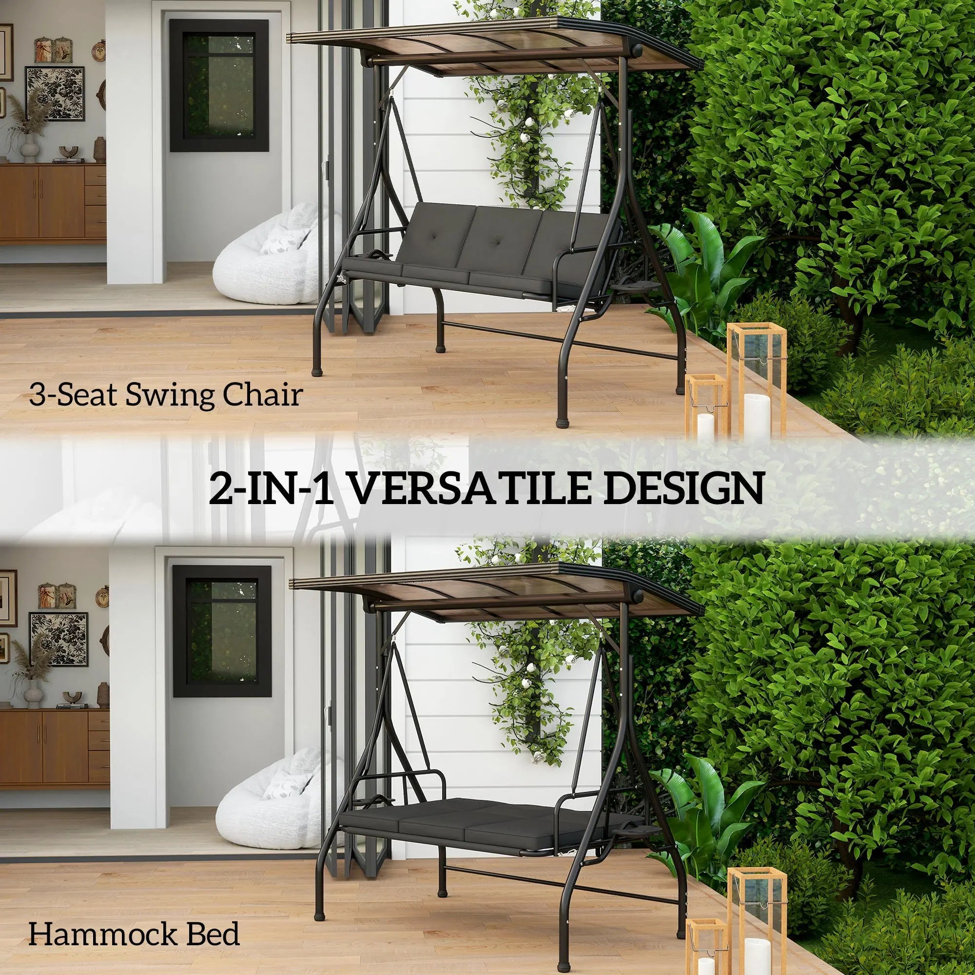 Outsunny 3 Seater Garden Swing Seat Bed with UPF30+ Adjustable Canopy, Convertible Swing Chair with Cushion, Outdoor Hammock Bench with Cup Trays for Balcony Patio, Black 