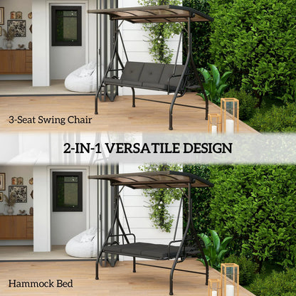 Outsunny 3 Seater Garden Swing Seat Bed with UPF30+ Adjustable Canopy, Convertible Swing Chair with Cushion, Outdoor Hammock Bench with Cup Trays for Balcony Patio, Black 