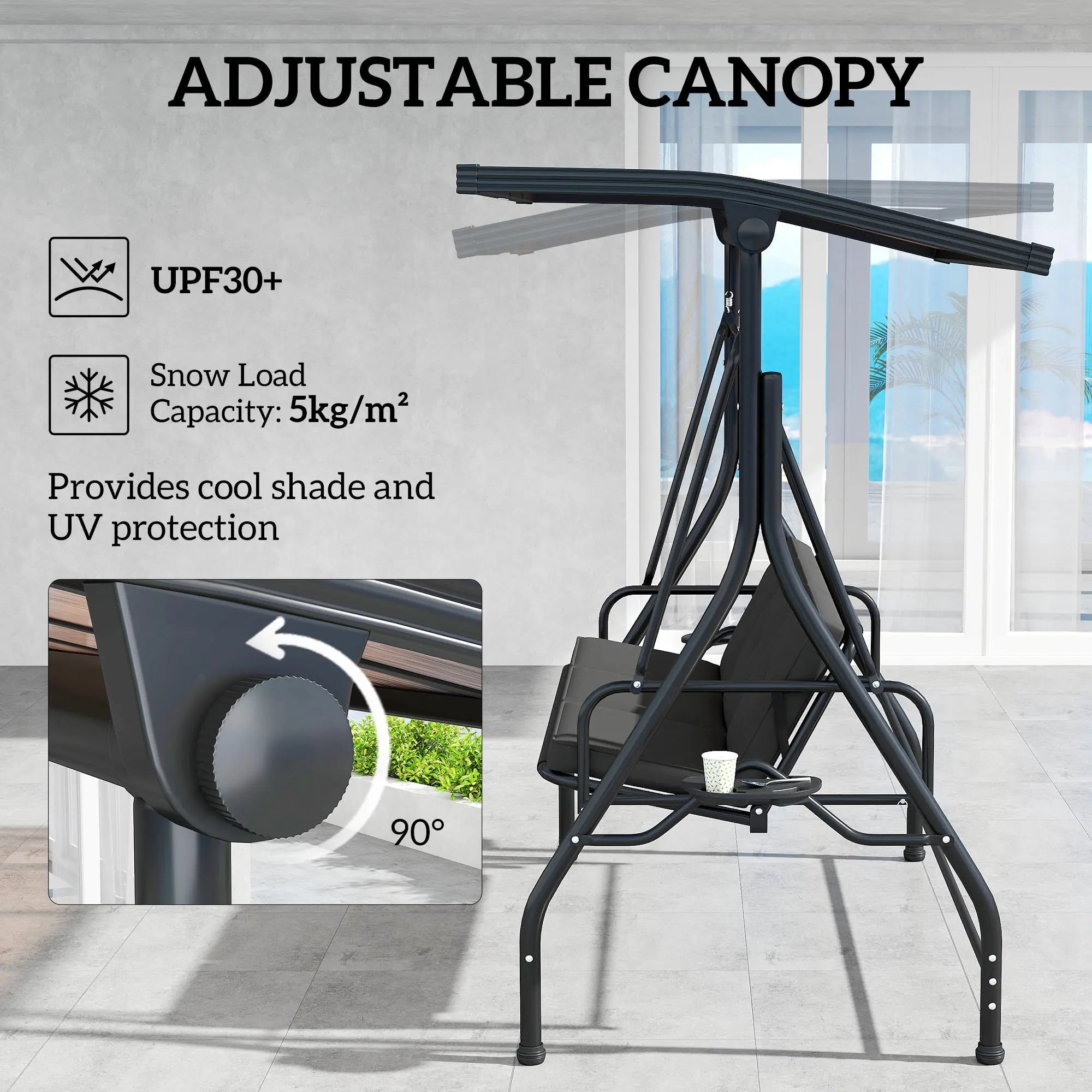 Outsunny 3 Seater Garden Swing Seat Bed with UPF30+ Adjustable Canopy, Convertible Swing Chair with Cushion, Outdoor Hammock Bench with Cup Trays for Balcony Patio, Black 