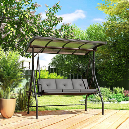 Outsunny 3 Seater Garden Swing Seat Bed with UPF30+ Adjustable Canopy, Convertible Swing Chair with Cushion, Outdoor Hammock Bench with Cup Trays for Balcony Patio, Black 