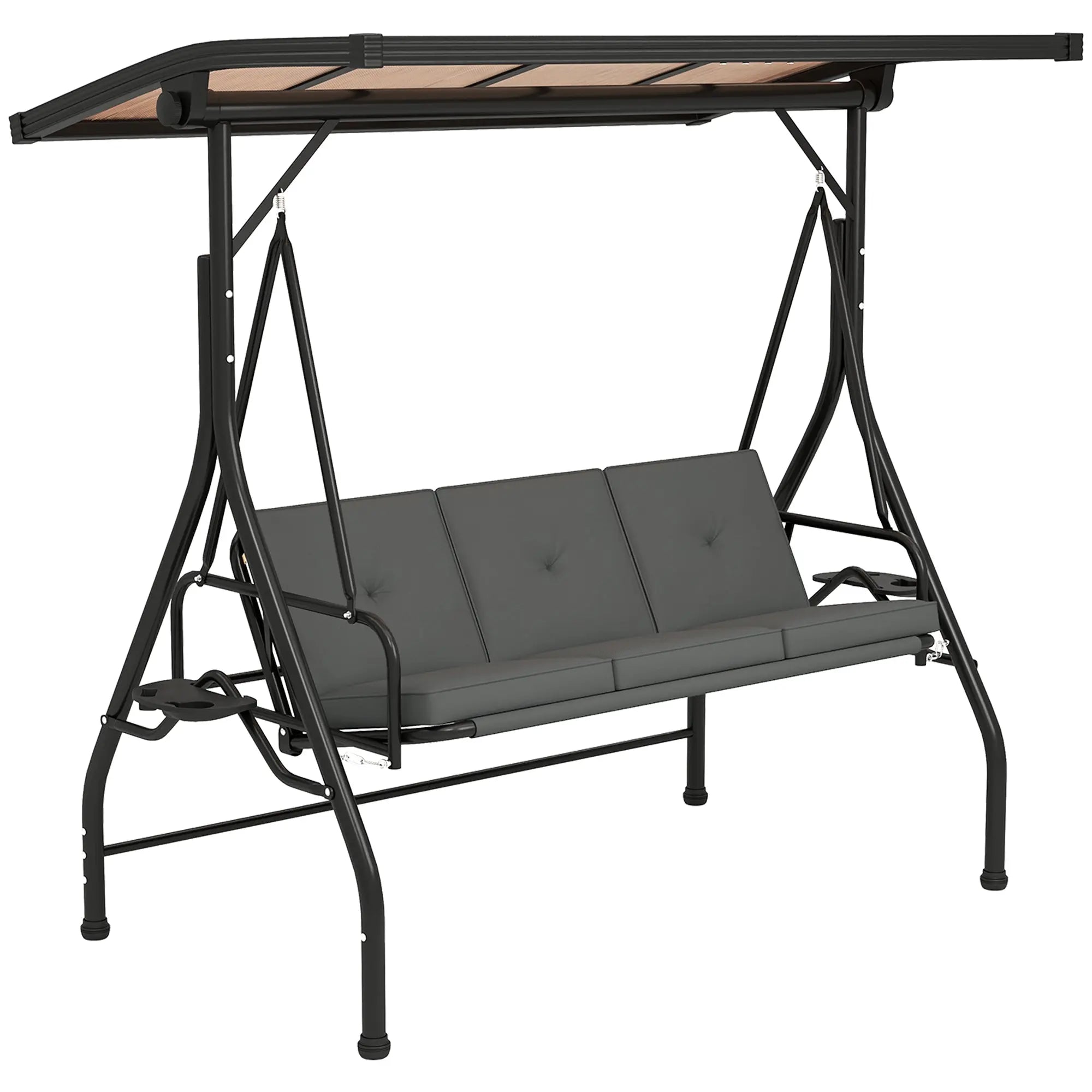 Outsunny 3 Seater Garden Swing Seat Bed with UPF30+ Adjustable Canopy, Convertible Swing Chair with Cushion, Outdoor Hammock Bench with Cup Trays for Balcony Patio, Dark Grey 