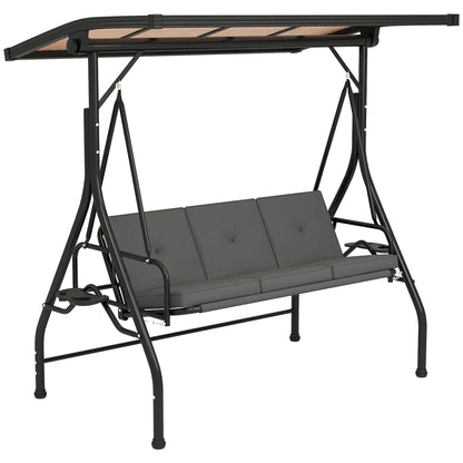 Outsunny 3 Seater Garden Swing Seat Bed with UPF30+ Adjustable Canopy, Convertible Swing Chair with Cushion, Outdoor Hammock Bench with Cup Trays for Balcony Patio, Dark Grey 
