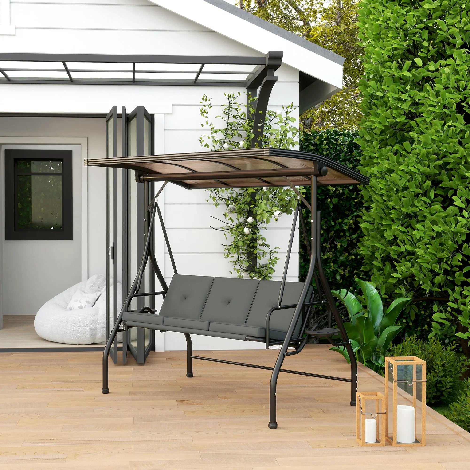 Outsunny 3 Seater Garden Swing Seat Bed with UPF30+ Adjustable Canopy, Convertible Swing Chair with Cushion, Outdoor Hammock Bench with Cup Trays for Balcony Patio, Dark Grey 