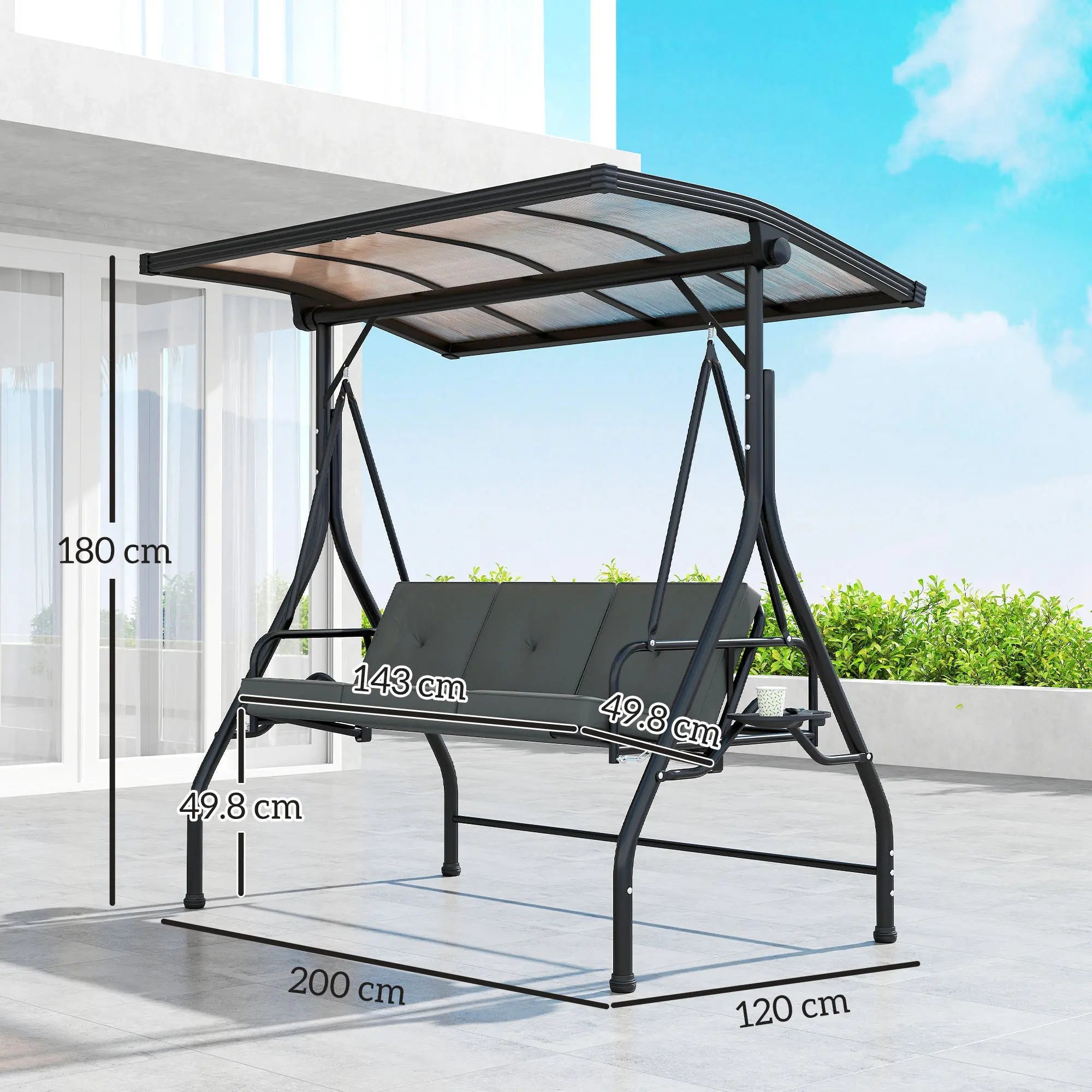 Outsunny 3 Seater Garden Swing Seat Bed with UPF30+ Adjustable Canopy, Convertible Swing Chair with Cushion, Outdoor Hammock Bench with Cup Trays for Balcony Patio, Dark Grey 