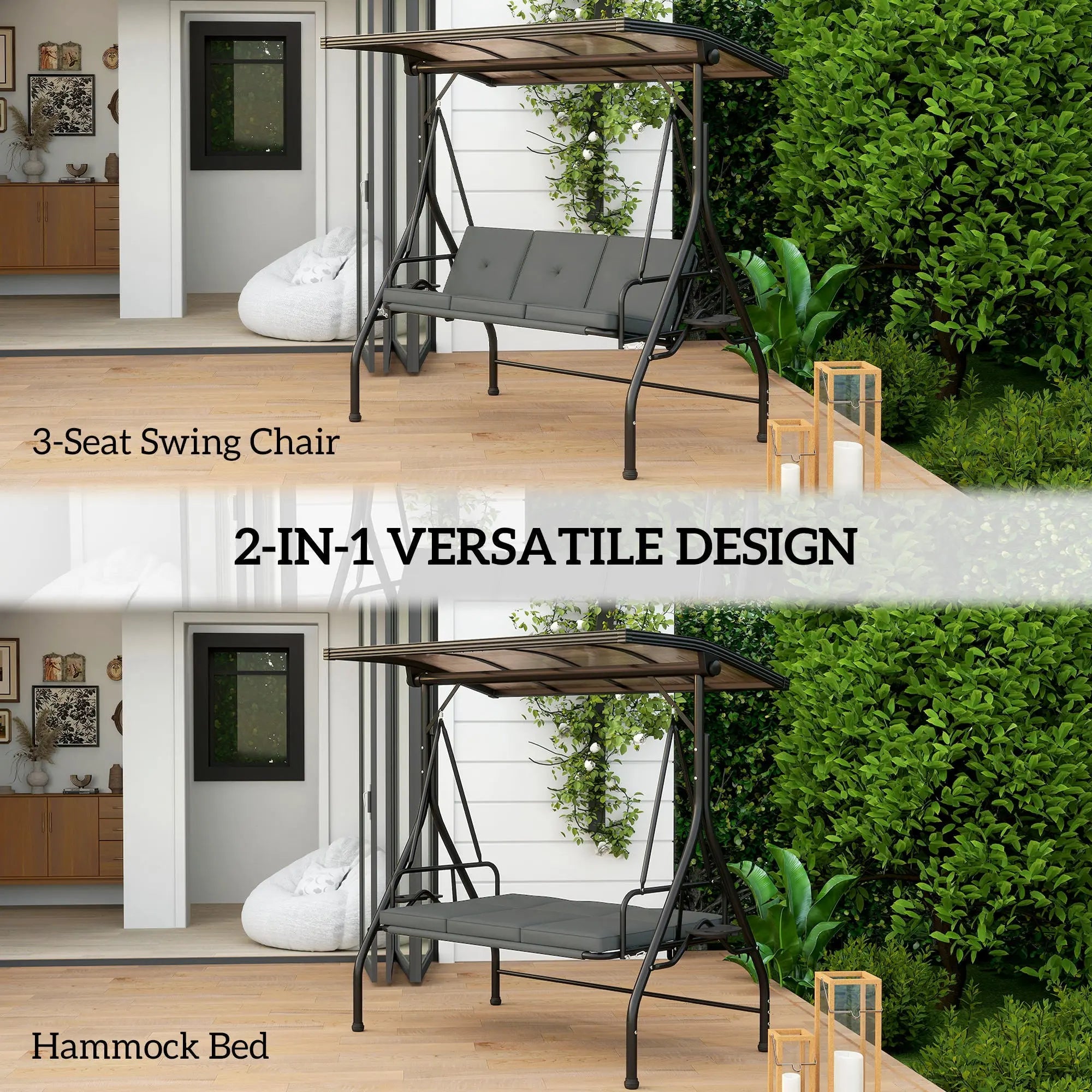 Outsunny 3 Seater Garden Swing Seat Bed with UPF30+ Adjustable Canopy, Convertible Swing Chair with Cushion, Outdoor Hammock Bench with Cup Trays for Balcony Patio, Dark Grey 