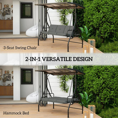 Outsunny 3 Seater Garden Swing Seat Bed with UPF30+ Adjustable Canopy, Convertible Swing Chair with Cushion, Outdoor Hammock Bench with Cup Trays for Balcony Patio, Dark Grey 