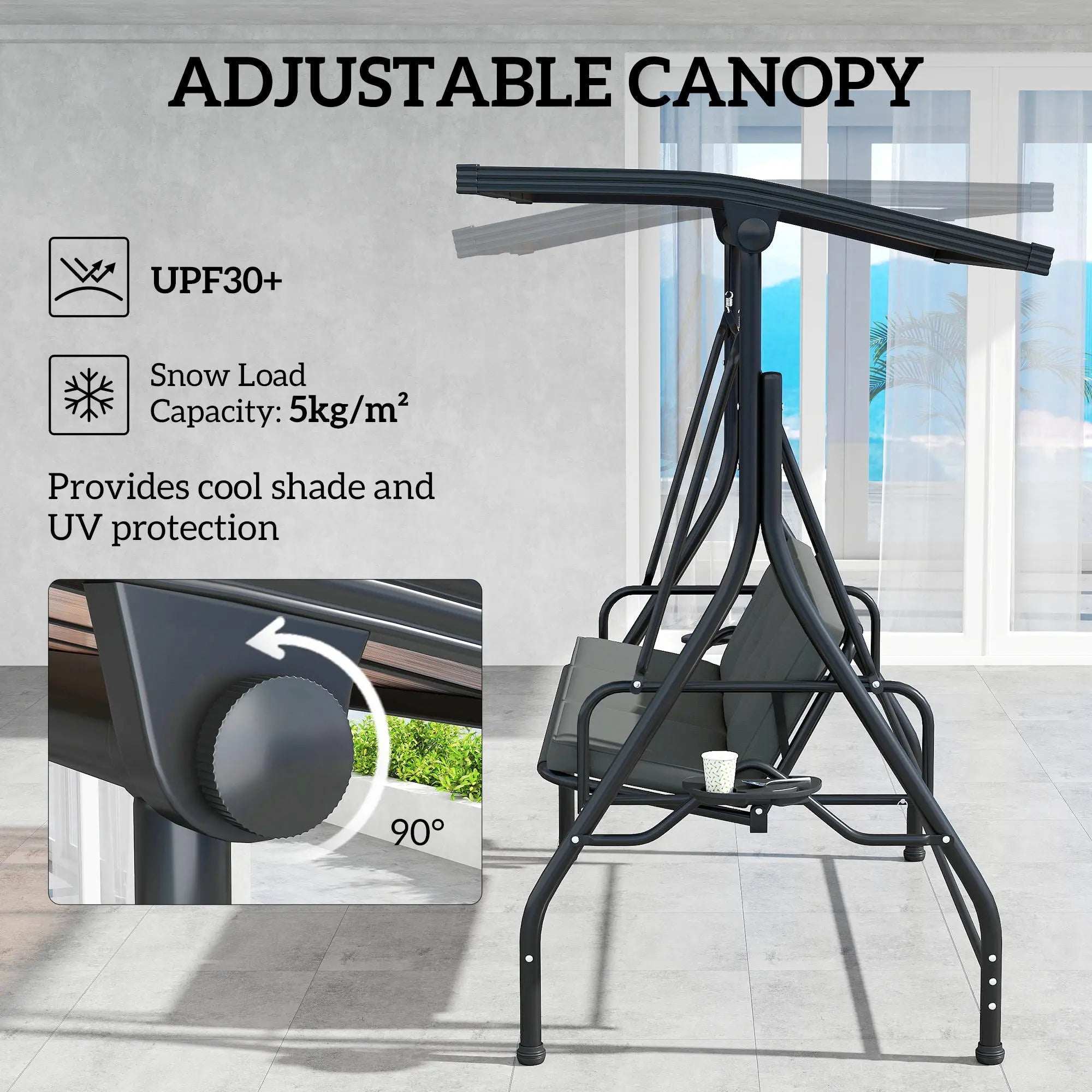 Outsunny 3 Seater Garden Swing Seat Bed with UPF30+ Adjustable Canopy, Convertible Swing Chair with Cushion, Outdoor Hammock Bench with Cup Trays for Balcony Patio, Dark Grey 