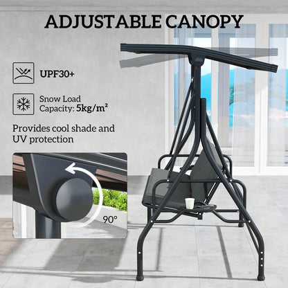 Outsunny 3 Seater Garden Swing Seat Bed with UPF30+ Adjustable Canopy, Convertible Swing Chair with Cushion, Outdoor Hammock Bench with Cup Trays for Balcony Patio, Dark Grey 