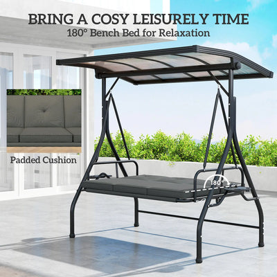 Outsunny 3 Seater Garden Swing Seat Bed with UPF30+ Adjustable Canopy, Convertible Swing Chair with Cushion, Outdoor Hammock Bench with Cup Trays for Balcony Patio, Dark Grey 