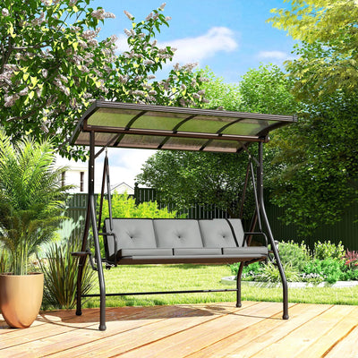 Outsunny 3 Seater Garden Swing Seat Bed with UPF30+ Adjustable Canopy, Convertible Swing Chair with Cushion, Outdoor Hammock Bench with Cup Trays for Balcony Patio, Dark Grey 