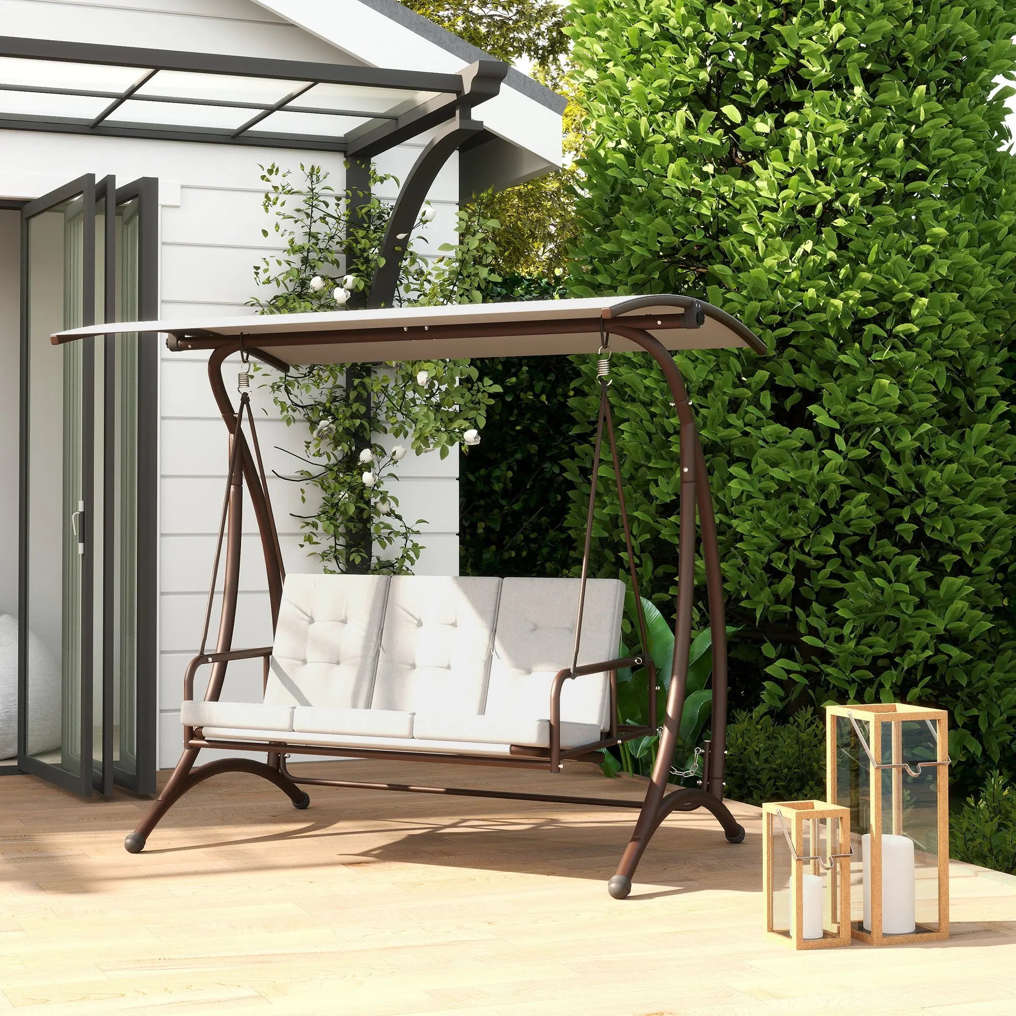 Outsunny 3 Seater Garden Swing Seat Bed, Convertible Swing Chair Bench with UPF30+ Adjustable Canopy, Cushioned Seat and Weather Resistant Steel Frame, Grey 