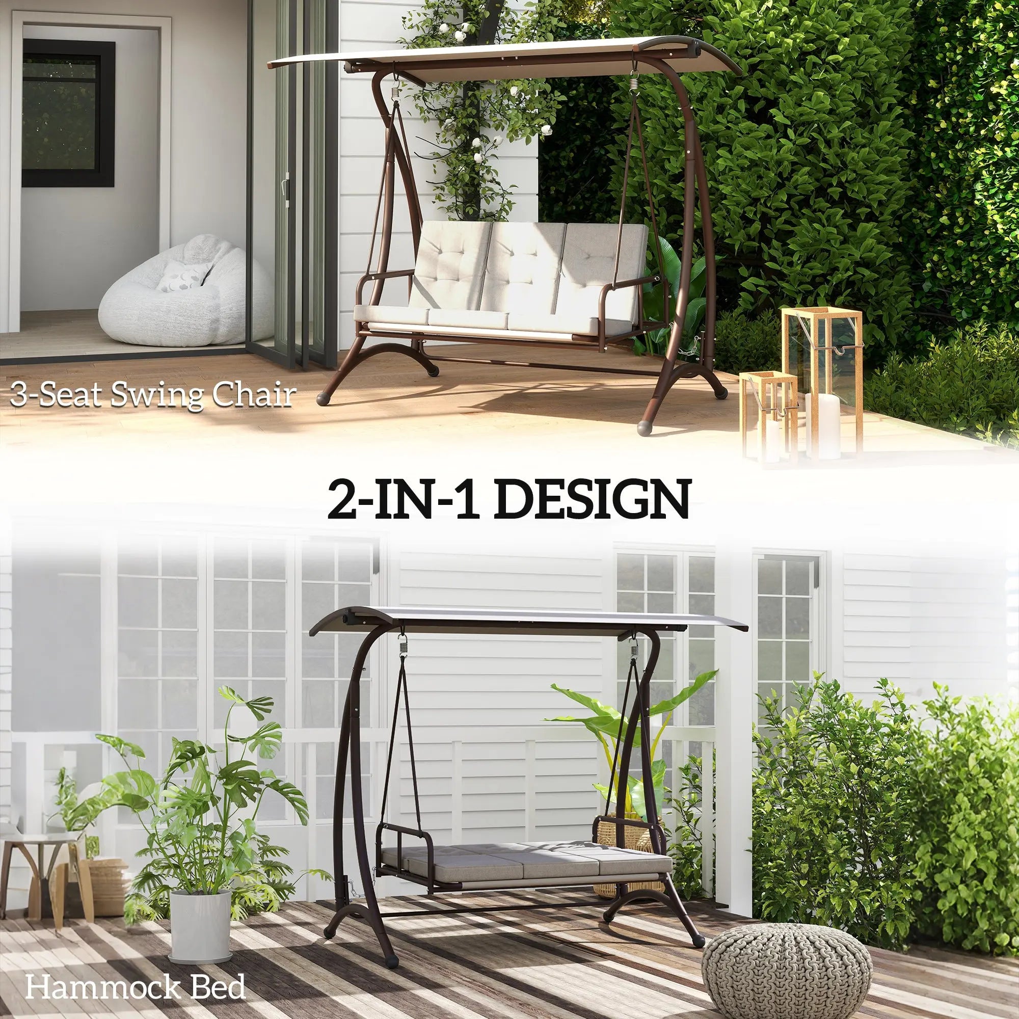 Outsunny 3 Seater Garden Swing Seat Bed, Convertible Swing Chair Bench with UPF30+ Adjustable Canopy, Cushioned Seat and Weather Resistant Steel Frame, Grey 