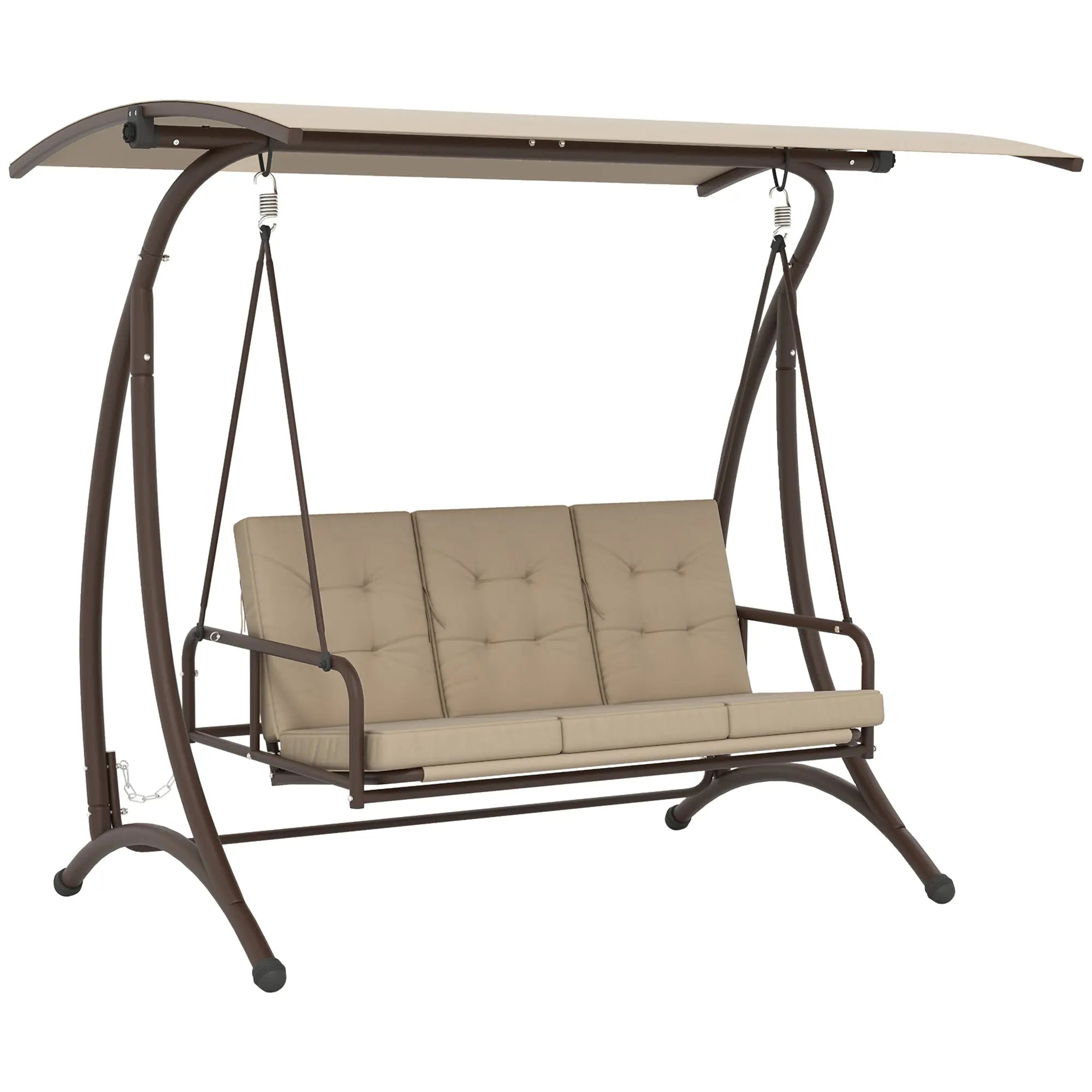 Outsunny 3 Seater Garden Swing Seat Bed, Convertible Swing Chair Bench with UPF30+ Adjustable Canopy, Cushioned Seat and Weather Resistant Steel Frame, Khaki 
