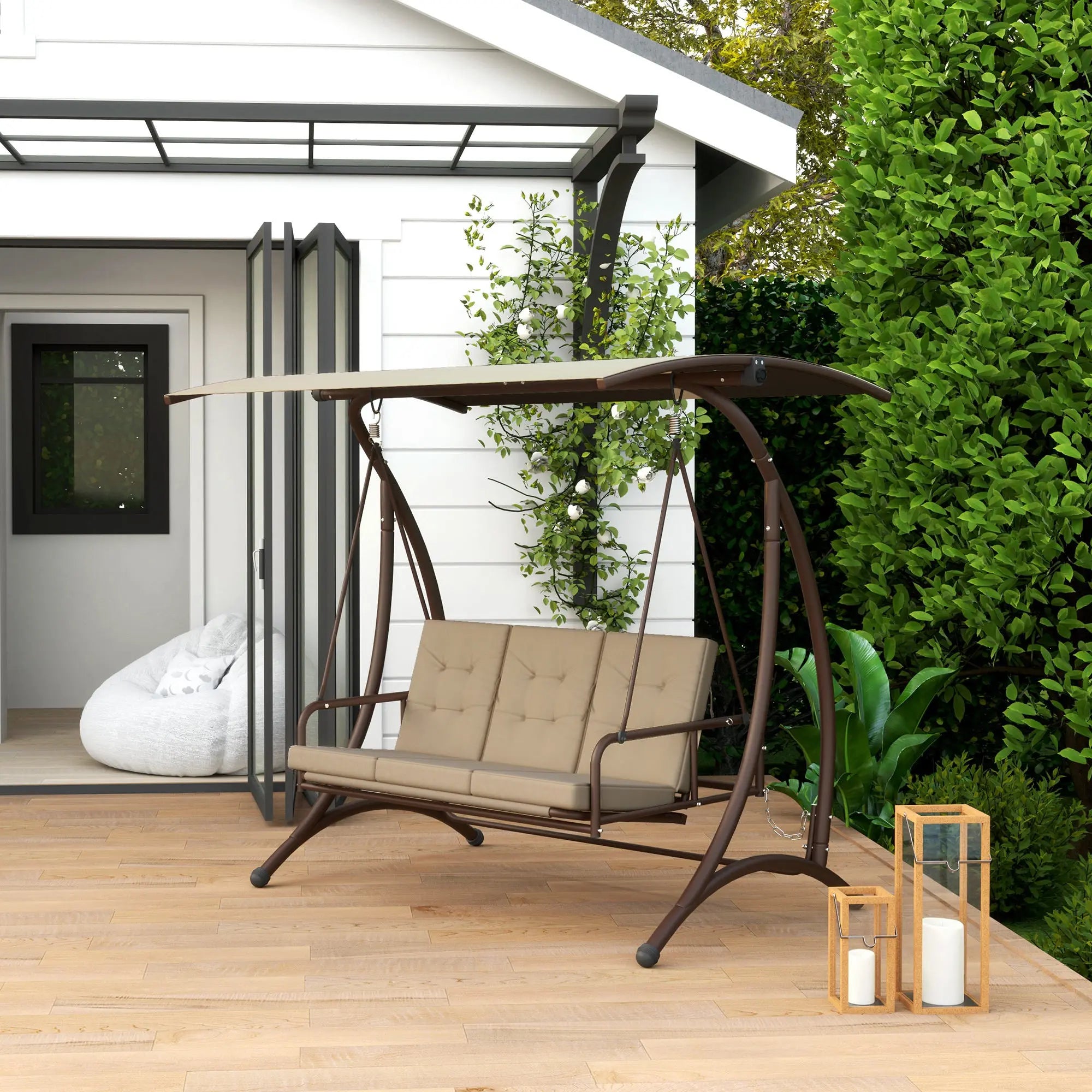 Outsunny 3 Seater Garden Swing Seat Bed, Convertible Swing Chair Bench with UPF30+ Adjustable Canopy, Cushioned Seat and Weather Resistant Steel Frame, Khaki 