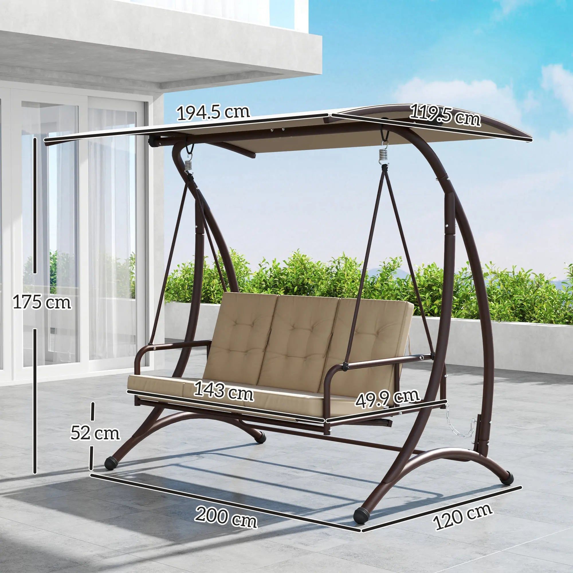 Outsunny 3 Seater Garden Swing Seat Bed, Convertible Swing Chair Bench with UPF30+ Adjustable Canopy, Cushioned Seat and Weather Resistant Steel Frame, Khaki 