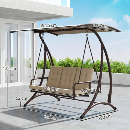 Outsunny 3 Seater Garden Swing Seat Bed, Convertible Swing Chair Bench with UPF30+ Adjustable Canopy, Cushioned Seat and Weather Resistant Steel Frame, Khaki 