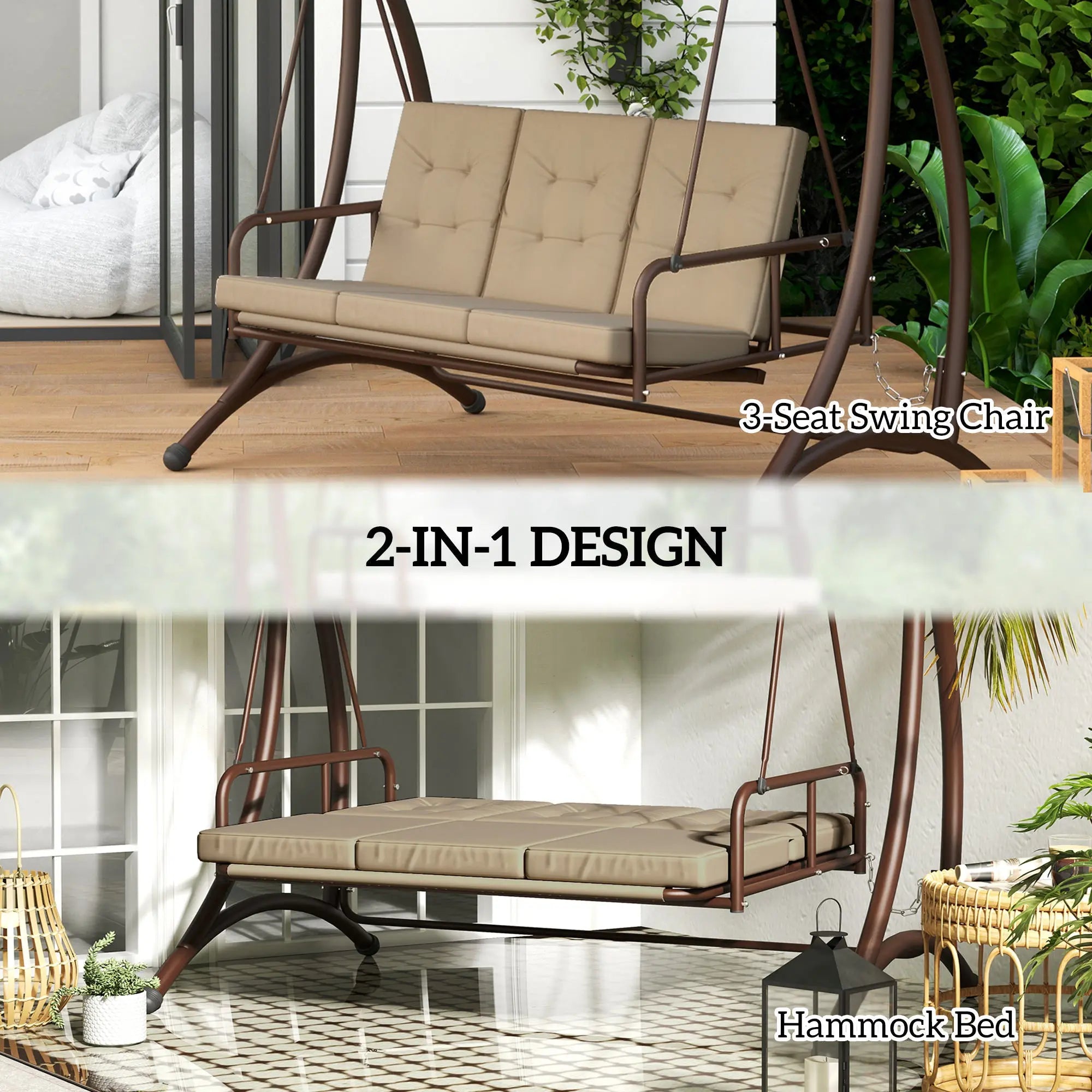 Outsunny 3 Seater Garden Swing Seat Bed, Convertible Swing Chair Bench with UPF30+ Adjustable Canopy, Cushioned Seat and Weather Resistant Steel Frame, Khaki 