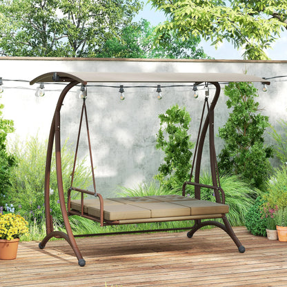 Outsunny 3 Seater Garden Swing Seat Bed, Convertible Swing Chair Bench with UPF30+ Adjustable Canopy, Cushioned Seat and Weather Resistant Steel Frame, Khaki 