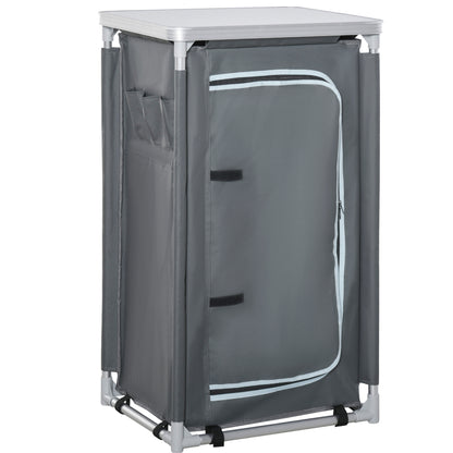 Outsunny 3-Shelf Camping Cupboard Camping Kitchen Station Cook Table, Storage Organiser for BBQ Party Picnics Backyards with Carrying Bag, Grey 