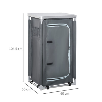 Outsunny 3-Shelf Camping Cupboard Camping Kitchen Station Cook Table, Storage Organiser for BBQ Party Picnics Backyards with Carrying Bag, Grey 