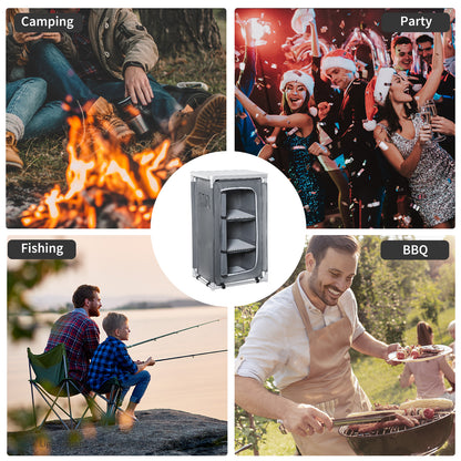Outsunny 3-Shelf Camping Cupboard Camping Kitchen Station Cook Table, Storage Organiser for BBQ Party Picnics Backyards with Carrying Bag, Grey 