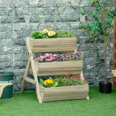 Outsunny 3 Tier Raised Garden Bed Wooden Elevated Planter Box Kit, 66L for Flower, Vegetable, Herb, 65x75x78cm, Green 