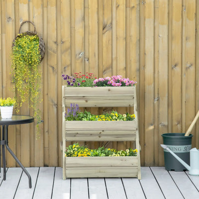 Outsunny 3 Tier Raised Garden Bed Wooden Elevated Planter Box Kit, 66L for Flower, Vegetable, Herb, 65x75x78cm, Green 