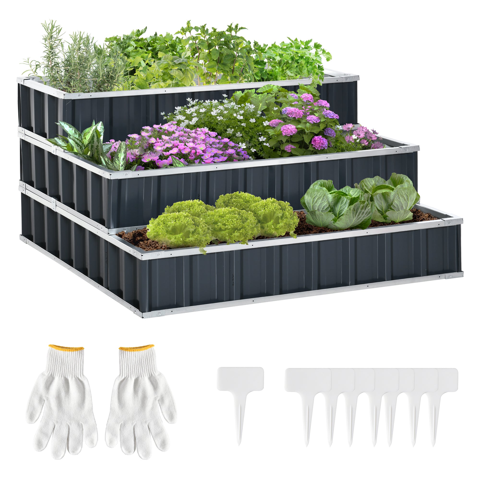 Outsunny 3 Tier Raised Garden Bed, Metal Elevated Planer Box Kit Flower Pot w/ A Pairs of Glove for Garden, Patio to Grow Vegetables, Herbs, Flowers, 118 x 118 x 62 cm, Grey 