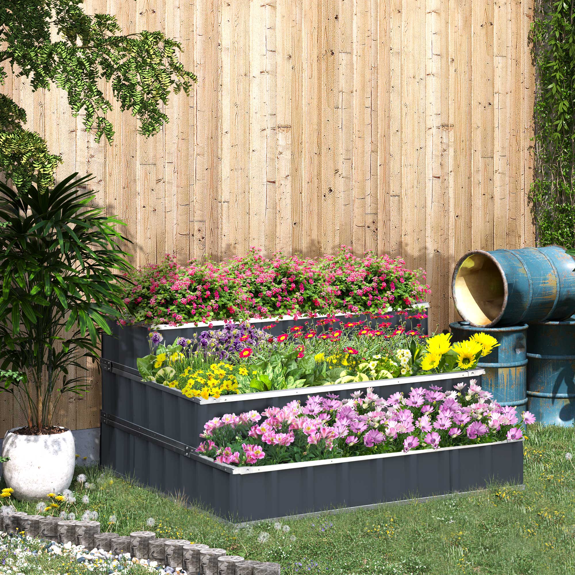 Outsunny 3 Tier Raised Garden Bed, Metal Elevated Planer Box Kit Flower Pot w/ A Pairs of Glove for Garden, Patio to Grow Vegetables, Herbs, Flowers, 118 x 118 x 62 cm, Grey 