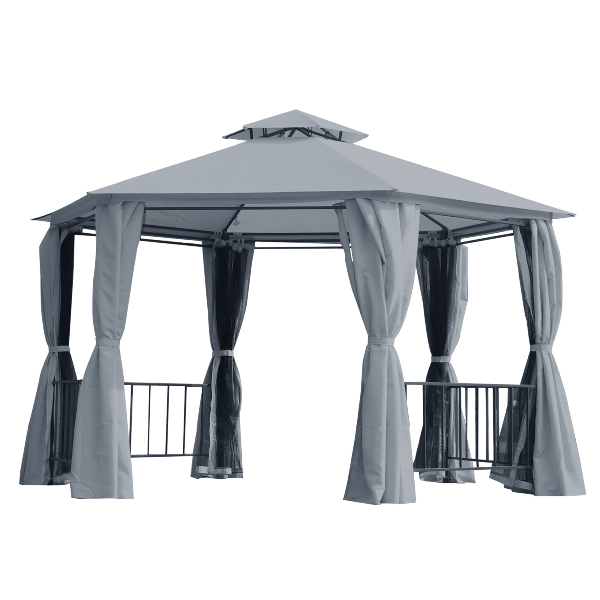 Outsunny 3 x 3(m) Hexagon Gazebo Patio Canopy Party Tent Outdoor Garden Shelter w/ 2 Tier Roof & Side Panel - Grey 