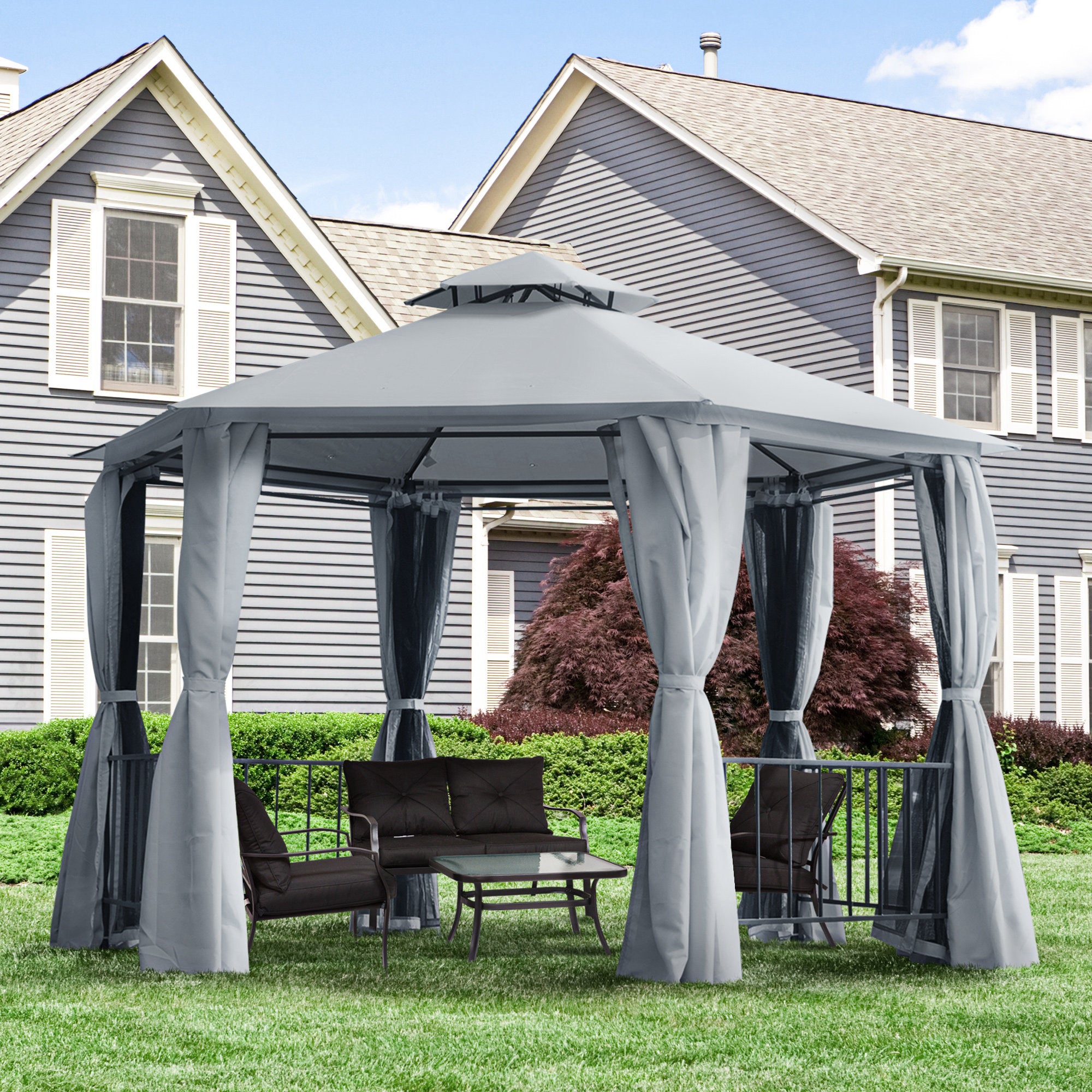 Outsunny 3 x 3(m) Hexagon Gazebo Patio Canopy Party Tent Outdoor Garden Shelter w/ 2 Tier Roof & Side Panel - Grey 