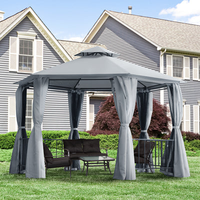 Outsunny 3 x 3(m) Hexagon Gazebo Patio Canopy Party Tent Outdoor Garden Shelter w/ 2 Tier Roof & Side Panel - Grey 