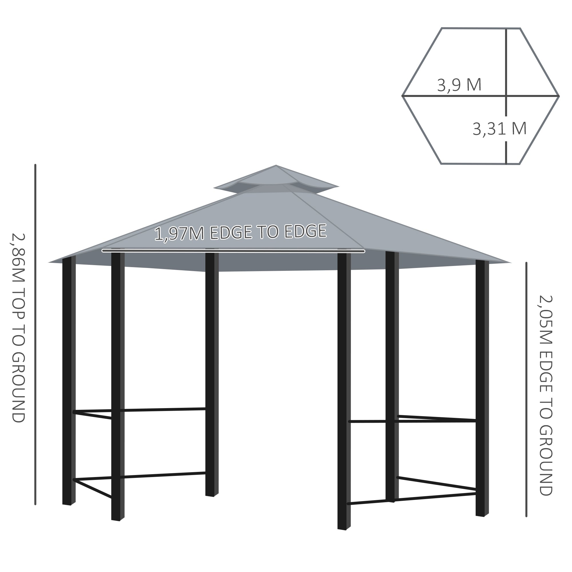 Outsunny 3 x 3(m) Hexagon Gazebo Patio Canopy Party Tent Outdoor Garden Shelter w/ 2 Tier Roof & Side Panel - Grey 