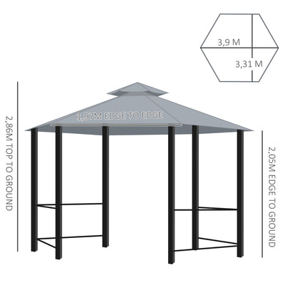 Outsunny 3 x 3(m) Hexagon Gazebo Patio Canopy Party Tent Outdoor Garden Shelter w/ 2 Tier Roof & Side Panel - Grey 