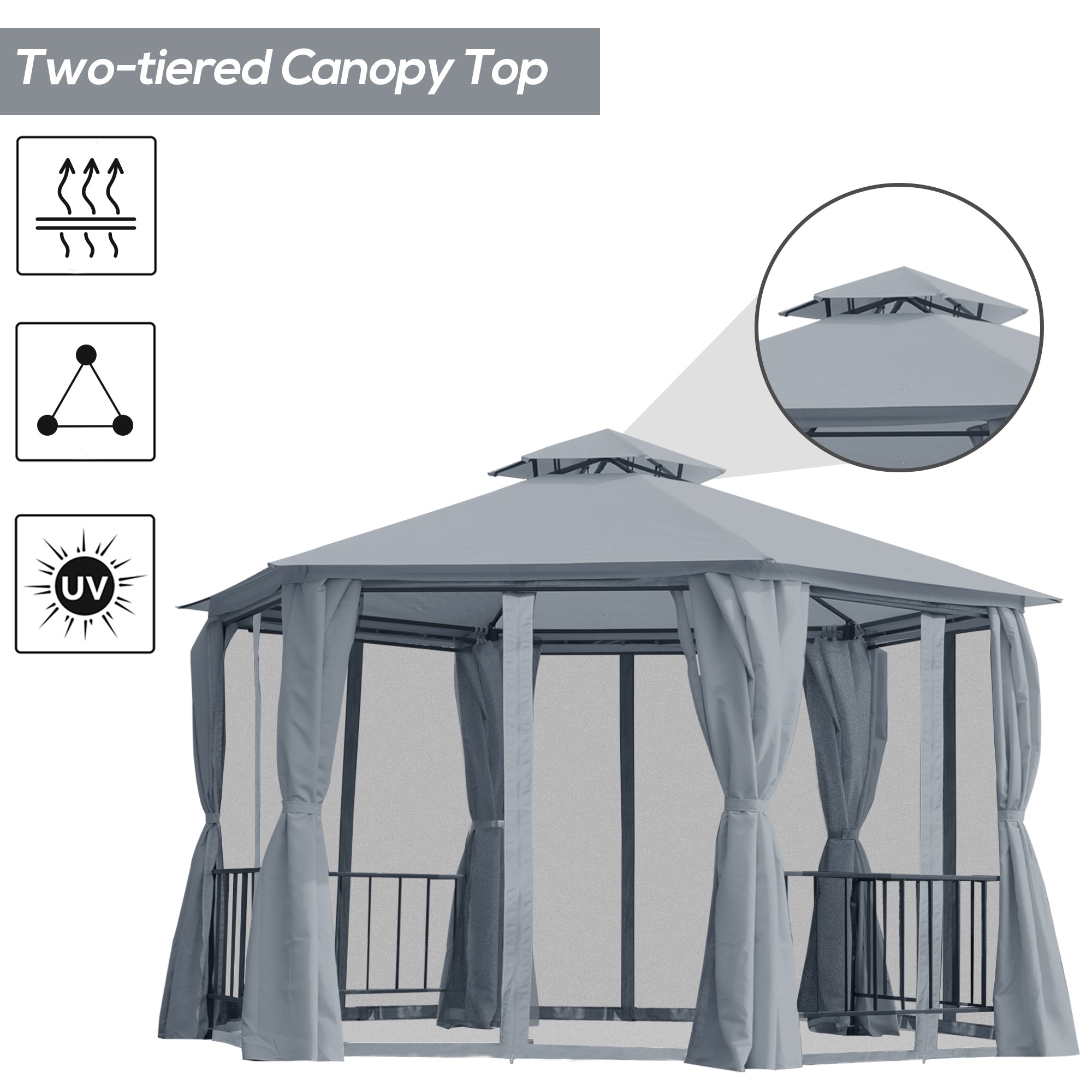 Outsunny 3 x 3(m) Hexagon Gazebo Patio Canopy Party Tent Outdoor Garden Shelter w/ 2 Tier Roof & Side Panel - Grey 