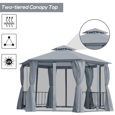Outsunny 3 x 3(m) Hexagon Gazebo Patio Canopy Party Tent Outdoor Garden Shelter w/ 2 Tier Roof & Side Panel - Grey 