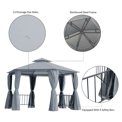 Outsunny 3 x 3(m) Hexagon Gazebo Patio Canopy Party Tent Outdoor Garden Shelter w/ 2 Tier Roof & Side Panel - Grey 