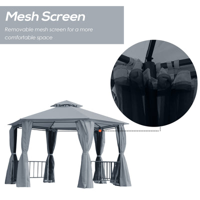 Outsunny 3 x 3(m) Hexagon Gazebo Patio Canopy Party Tent Outdoor Garden Shelter w/ 2 Tier Roof & Side Panel - Grey 